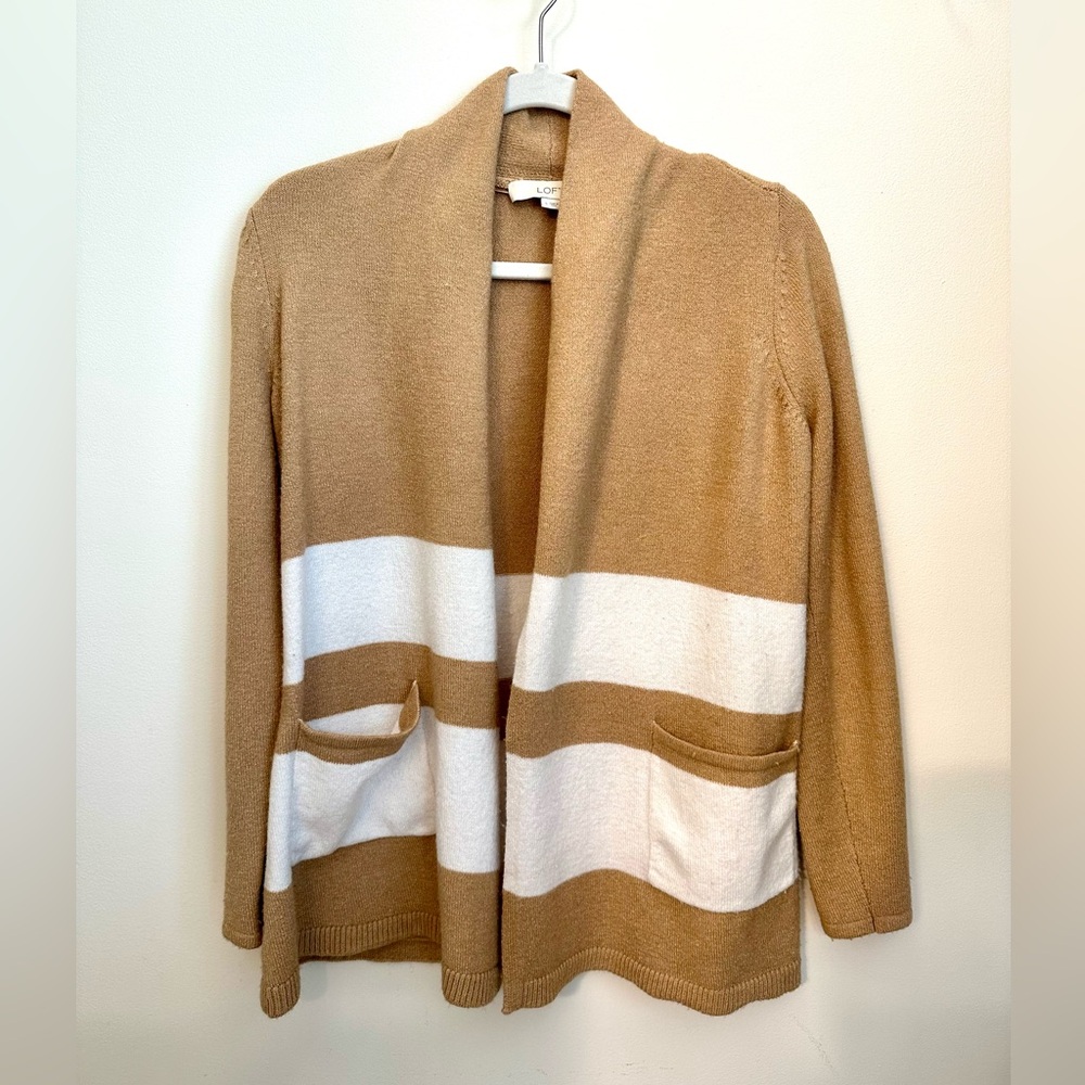 Loft Striped Shawl Collar Pocket Open Cardigan in Toasty Camel sz Small
